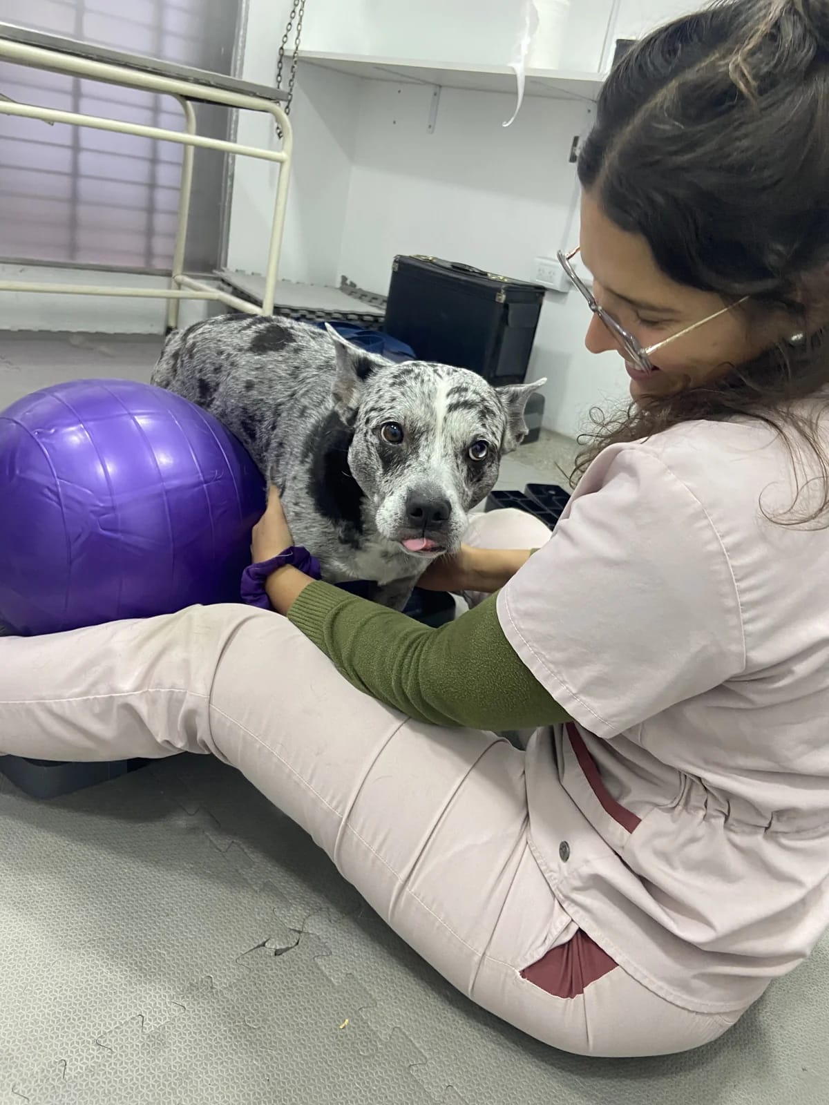 Flor acompaña a una paciente durante un ejercicio asistido con una pelota violeta